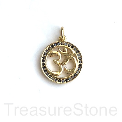 Pave charm, pendant, 15mm Yoga Ohm/om/Aum, gold w black CZ. Ea